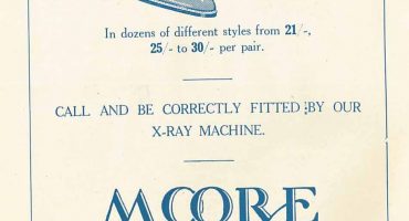Printed advert Moore Bros shoe shop Salisbury, 'call and be correctly fitted by our x-ray machine'