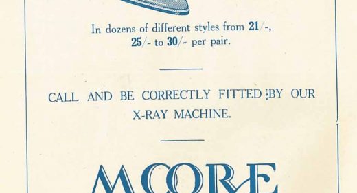 Printed advert Moore Bros shoe shop Salisbury, 'call and be correctly fitted by our x-ray machine'