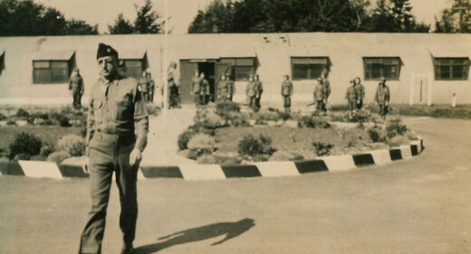 American soldier outside Harvard Hospital buildings