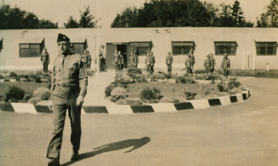 American soldier outside Harvard Hospital buildings