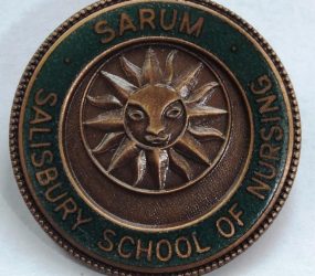 Metal badge with sun inscription inside green circle