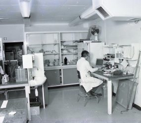 laboratory with man in lab coat at computer screen, microscope, bottles and flasks on shelving
