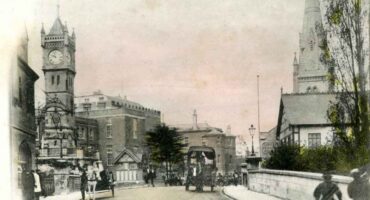 Black and white postcard view of Salisbury Clock Tower