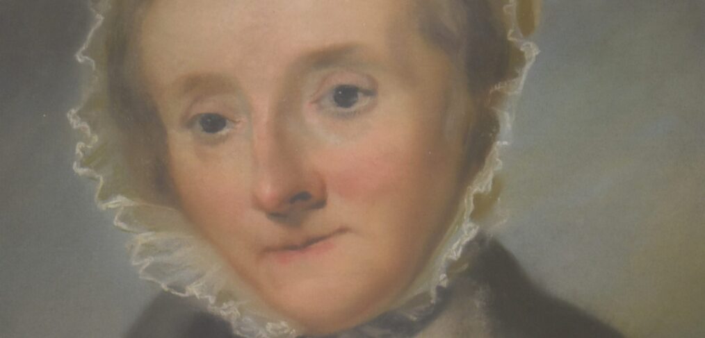 Detail of pastel portrait of woman wearing a bonnet