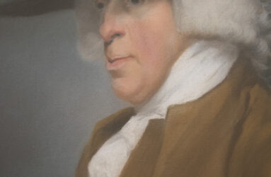 Close up detail of pastel portrait of man with powdered wig and tricorn hat