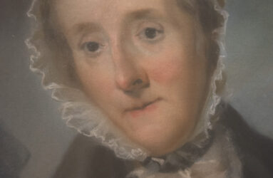Close up of pastel portrait of older woman with white bonnet hat