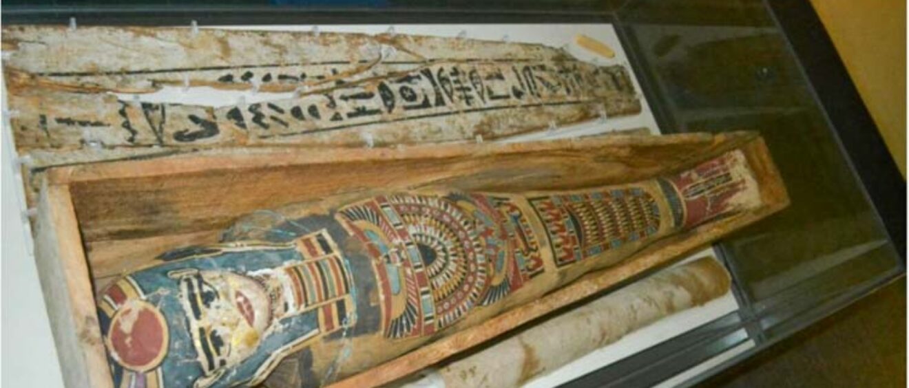 Colour photograph of Egyptian coffin in museum display
