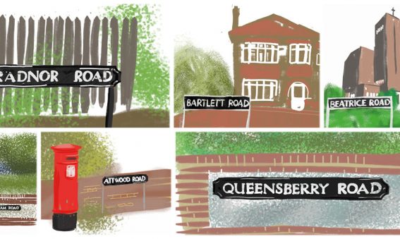 montage of digital drawing of hospital ward street names