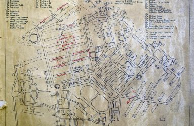 plan of site with handwritten ward names added to some buildings
