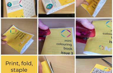 series of images showing how to fold, staple and trim colouring book pages