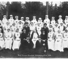 Nurses and other hospital staff seated and standing in rows for photograph