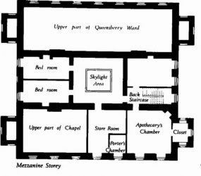 floor plan showing bedroom, upper part of chapel, store, apothecary's chamber, and upper part Queensberry ward