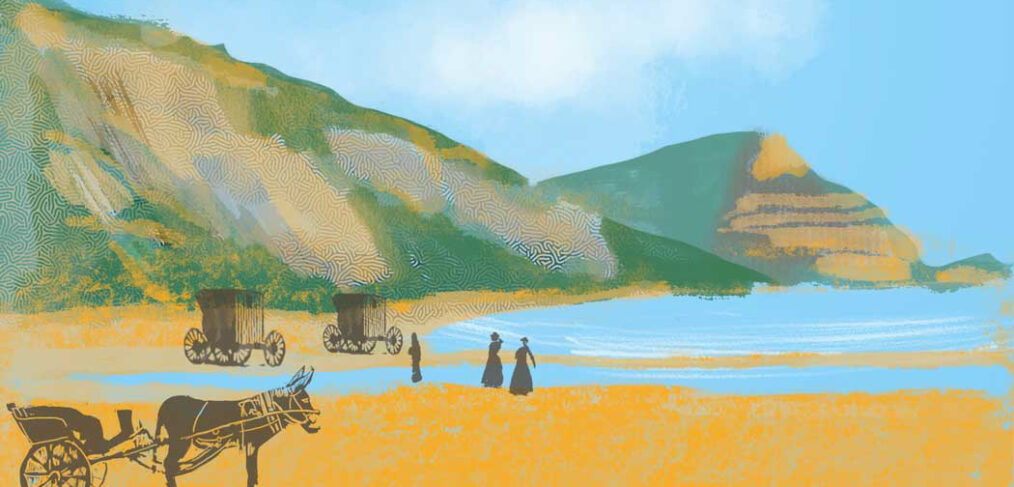 Artists impression of Charmouth beach in Victorian era