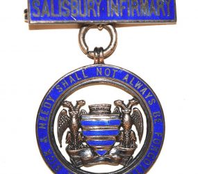 blue circle badge with Salisbury crest in centre and bar at top with words 'Salisbury Infirmary'
