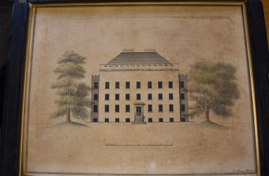 Drawing of Infirmary before conservation, discoloured with damaged frame