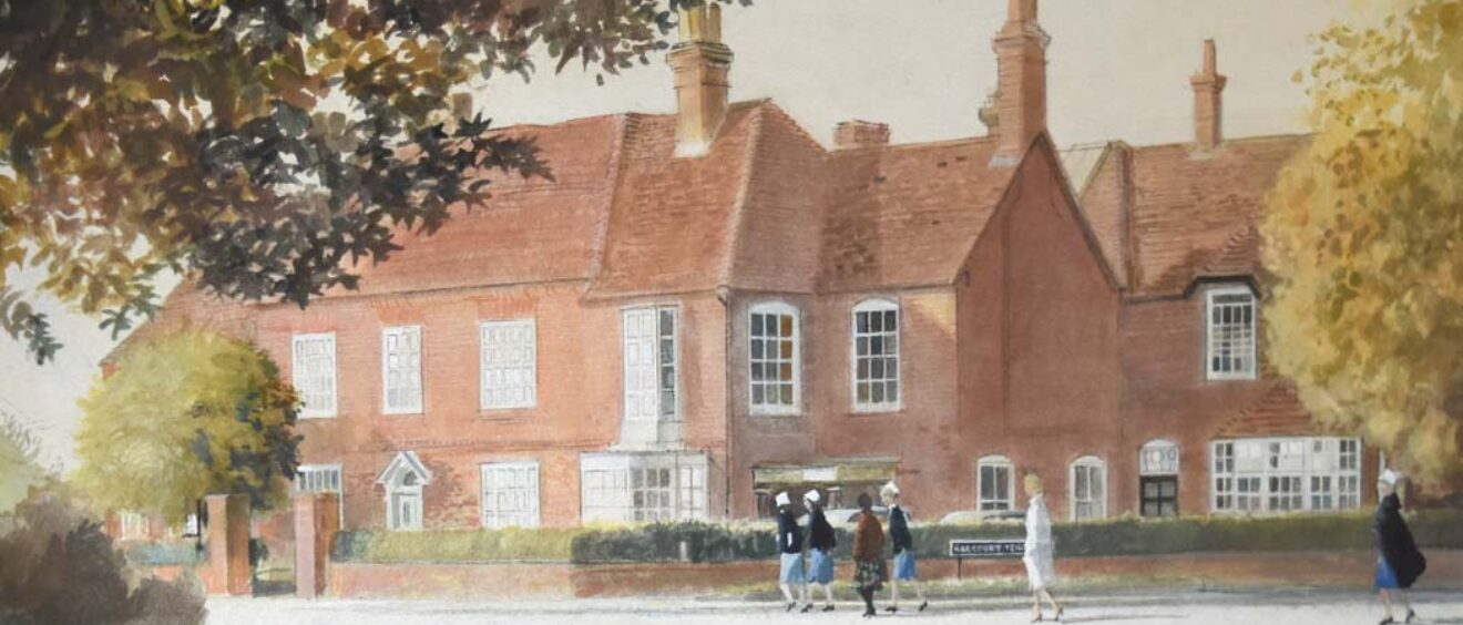 Watercolour painting showing building at Harcourt Terrace