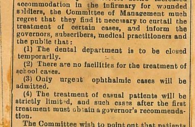 Newspaper notice posted by Louis Greville about Infirmary admissions