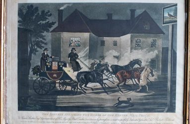 Painting showing a lioness attacking horses of mail coach outside a pub, description underneath painting