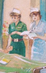 sketch of nurses with green or blue dress