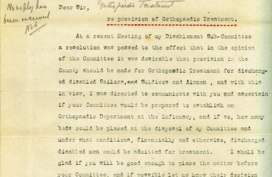Letter asking if Infirmary prepared to establish an Orthopaedic department
