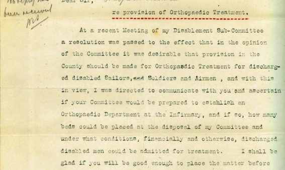 Letter asking if Infirmary prepared to establish an Orthopaedic department