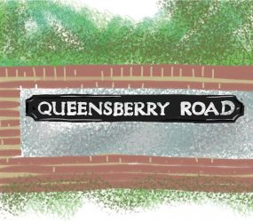 digital drawing of Queensberry Road street name on wall