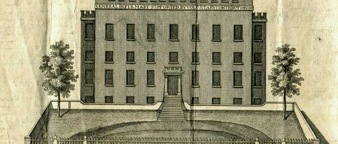 Historic etching showing building of Salisbury Infirmary, flanked by 2 trees and semi circular forecourt