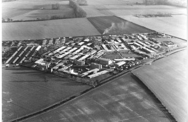 aerial view of Odstock Hospital, two chimneys mark site of new Spinal Unit