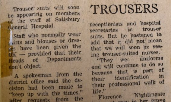 Article describing how female non-clinical staff can now wear trousers to work