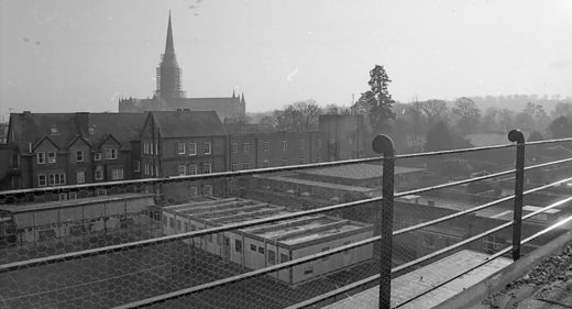View across SGI rooftops, with cathedral spire in background