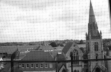 rooftop view of church spire in Fisherton Street