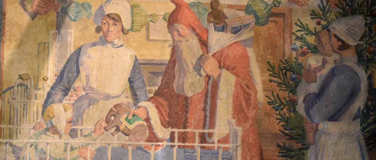 Painting showing nurse with Father Christmas giving present to child in cot