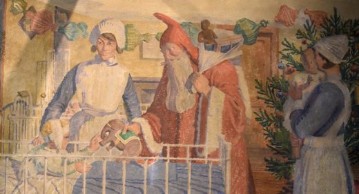 Painting showing nurse with Father Christmas giving present to child in cot